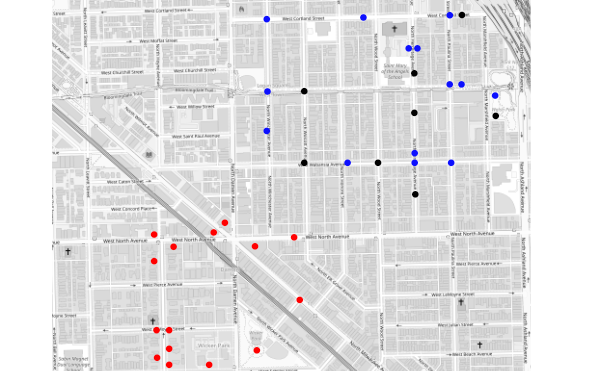 Map of Bucktown and Wicker Park with colored dots that indicate the tour areas. Primary centered around Walsh Park and Wicker Park.